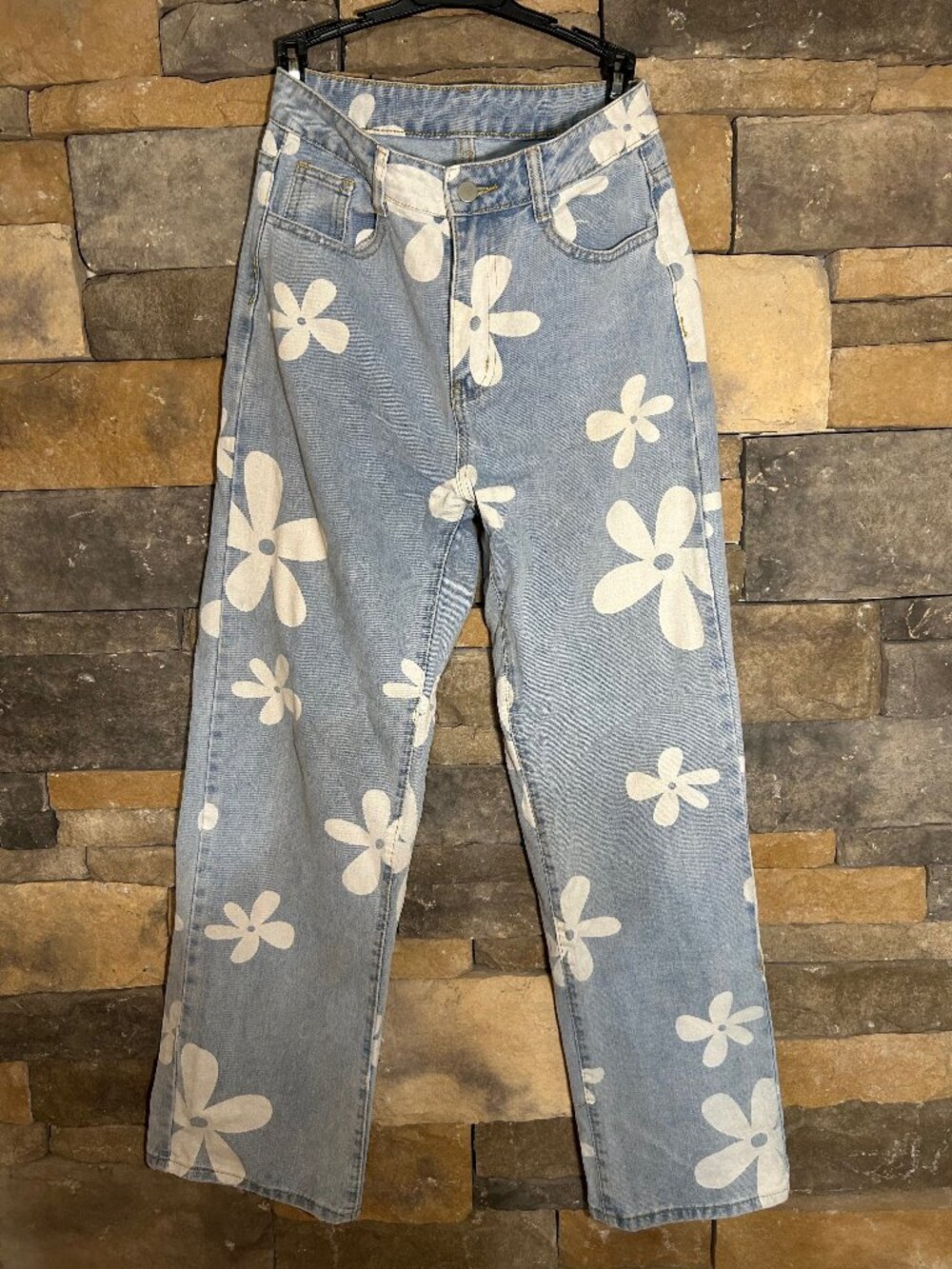 SHEIN Light Wash Floral Print Straight Leg Jeans